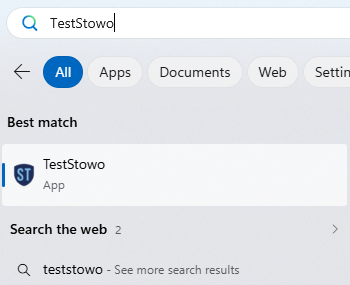 숨기기 전 Windows 검색의 Best match. TestStowo가 앱으로 표시됩니다.