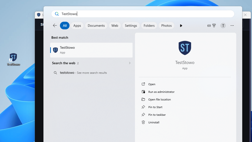 숨기기 전 Windows 검색. TestStowo가 Best match에 앱으로 표시되고, 열기·관리자 권한으로 실행·파일 위치 열기 등 실행 옵션이 보입니다.